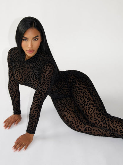 Sexy Leopard Print Mesh Long Sleeves Jumpsuit