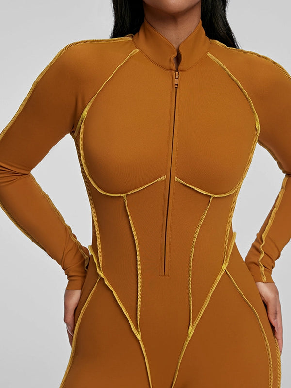 Sexy Backless Zipper Contrast Color Stripes Jumpsuit