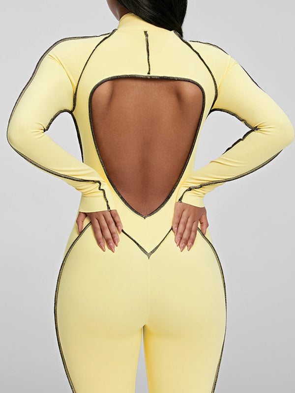 Sexy Backless Zipper Contrast Color Stripes Jumpsuit
