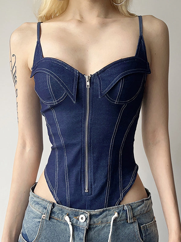 Sexy Denim Zipper Push Elastic Tight Bodysuit
