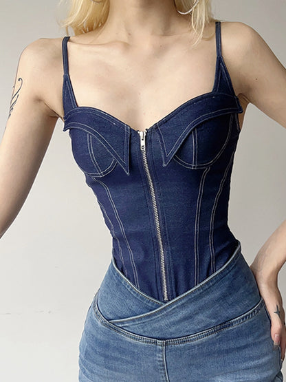 Sexy Denim Zipper Push Elastic Tight Bodysuit