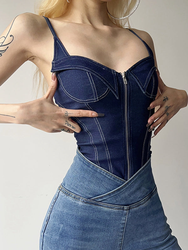 Sexy Denim Zipper Push Elastic Tight Bodysuit